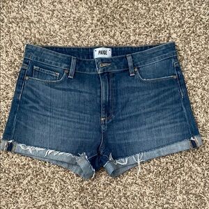 PAIGE Blue Jean Shorts with Frayed Hem